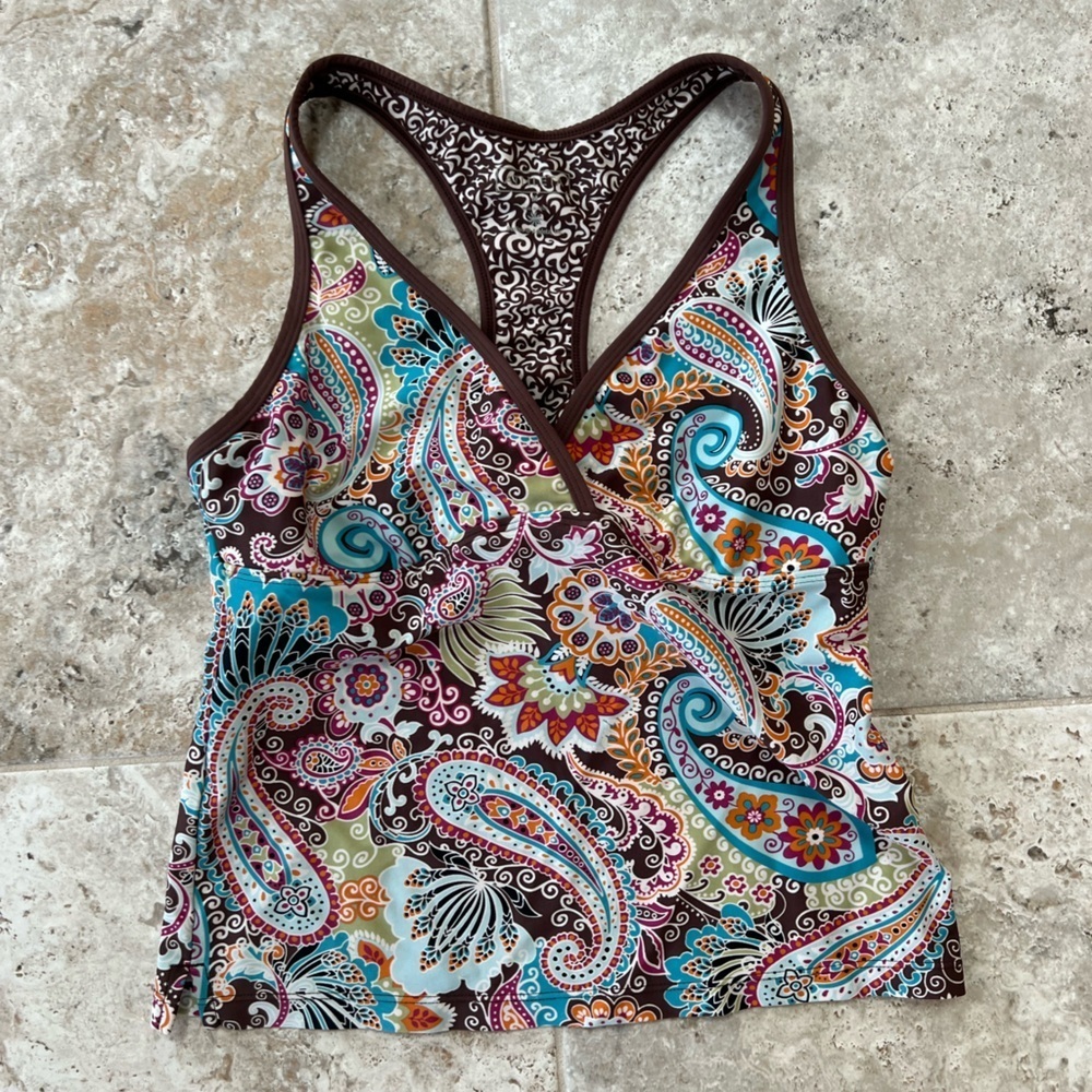 Athleta Bold Paisley V-Neck Racerback Tankini, Brown/Multi, M